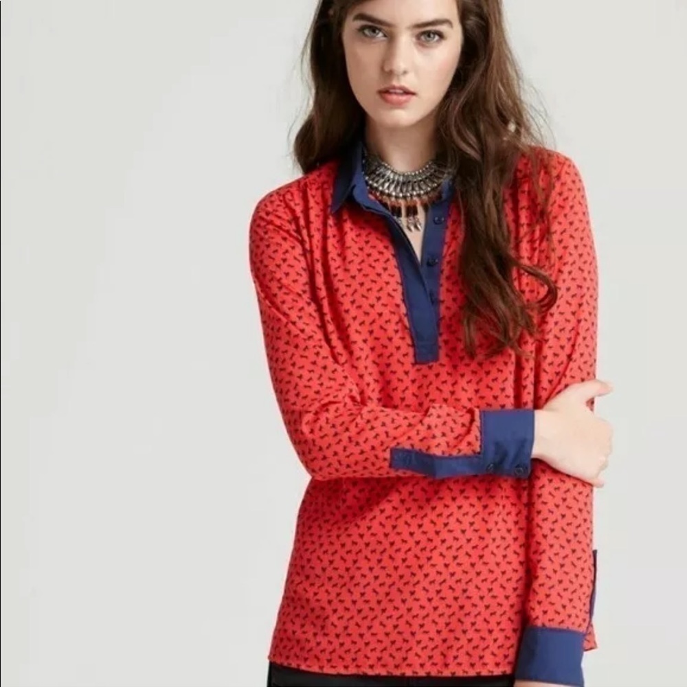 Free People Red Blue Tiny Horse Novelty Print Top